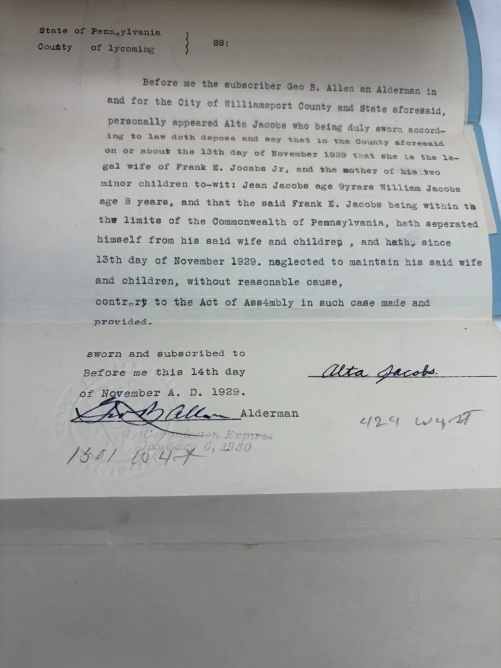 1929 PA Court Case File Desertion Non Support Nolle Prosequi Jacobs Lycoming - Picture 8 of 9